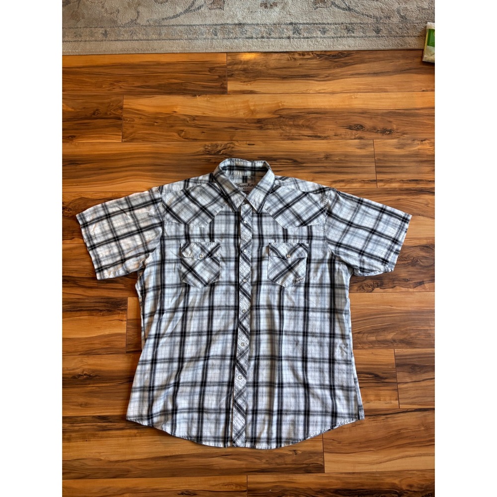 Wrangler Wrancher Mens XL Pearl Snap Western Shirt Short Sleeve Plaid Grey Black